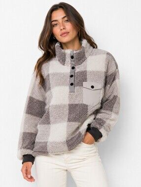 Chicyea Sherpa Buffalo Plaid Pullover Top Gray White XXL